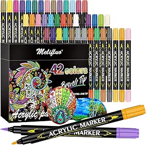 Melifluo Acrylic Paint Pens,42 Colours Dual Tip Brush Paint Marker Pens for Rock Painting, Stone, Ceramic, Glass, Wood, Fabric, Canvas, Porcelain