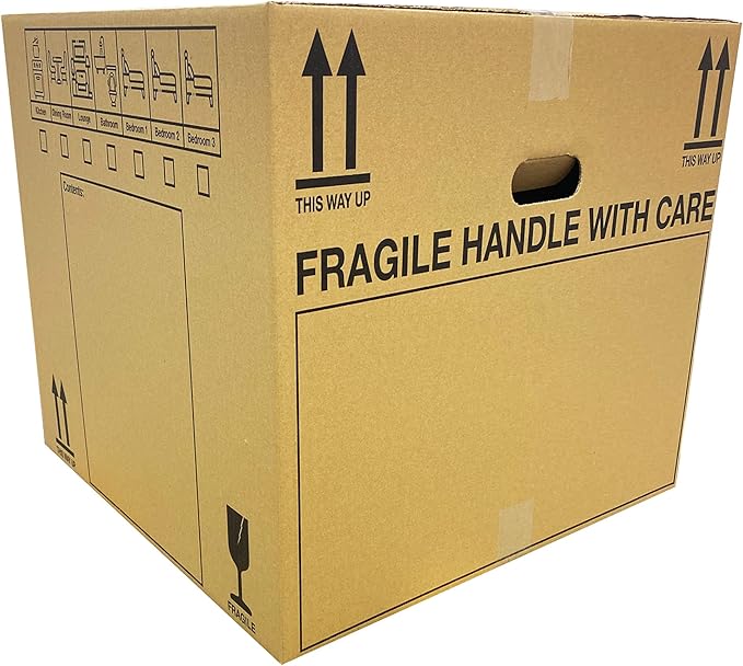10 Extra Large Cardboard Packing Moving House Boxes 53cm x 53cm x 41cm with Carry Handles and Room List