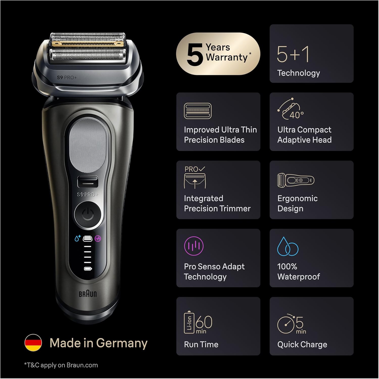 Braun Series 9 PRO+ Electric Shaver for Men, 9665CCE, Graphite - Wet & Dry Electric Razor, 5+1 Ultra Thin Precision Blades, Pro SensoAdapt Technology, 6in1 SmartCare Center, 60 min Runtime
