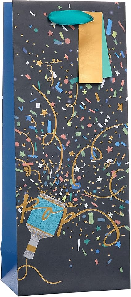 UK Greetings | Bottle Bag for Him/Her/Friend | Party/Gift Bag | Birthdays/Weddings/Valentine's Day/Mother's Day | Party Popper Design | 13.3 x 32.7 x 8.3 cm