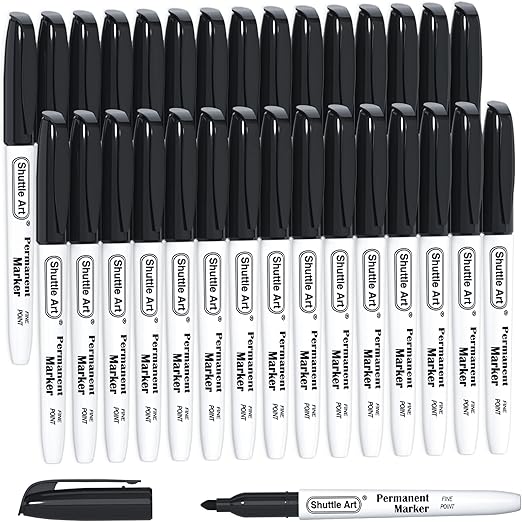 Shuttle Art 30 Pack Black Fine Tip Permanent Markers, Perfect on Plastic, Wood, Stone, Metal and Glass for Doodling, Colouring, Marking, School Supplies