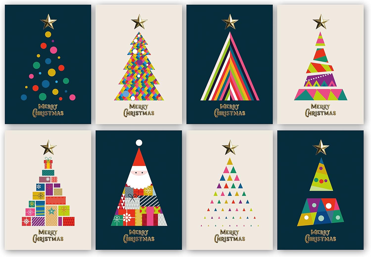 Charity Christmas Cards Pack of 32. Christmas Card Multipack with 3D Gold Foiling. 8 Different Festive Tree Designs. Ecofriendly Cards, envelopes and Box. Blank Inside. Made in UK
