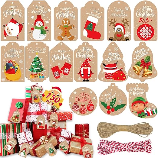 Funnlot Christmas G-ift Tags: 150 Pcs for Presents & Crafts, 2 Twine Strings, Labels with Holes