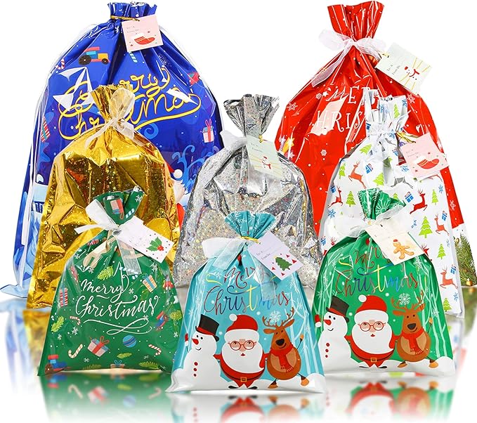 Christmas Drawstring Gift Bags - 15Pcs With 8 Styles, 4 Sizes, 16 Tags - Large Xmas Bags for Presents, Holiday Party