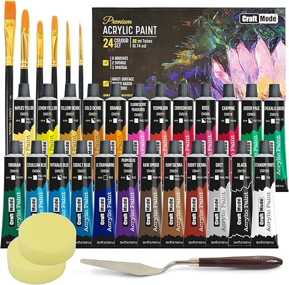 Acrylic paint set 24 x 22ml Perfect for Canvas, Wood, Ceramic, Rock, Fabric & Crafts. Non-Toxic, Quick Dry & Vibrant Colours. Rich Pigments, Lasting Qualit…