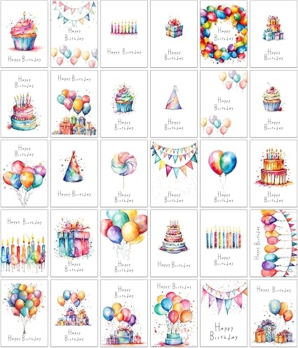 30 Bright Watercolour Birthday Cards with Envelopes made from Recycled Paper 30 Different Designs (30 Watercolour Birthday Cards)