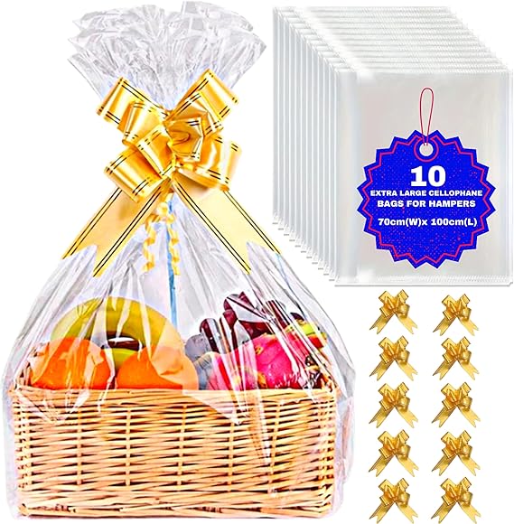 MAARA Extra Large Cellophane Wrap Bags For Hampers, Pack Of 10 (70CMX100CM/30"X40") Clear Hamper Basket Gift Bags For Present Packaging, Hamper Wrapping Cellophane With 10 Pull Bows