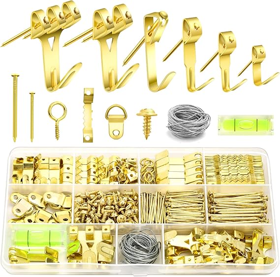 modacraft 372PCS Picture Hooks for Frames, Hanging Kit with Hangers, Nails, Wire, Mini Level Frames Mirrors Canvas, Heavy Duty Plasterboard Walls-75lbs (CF0086)