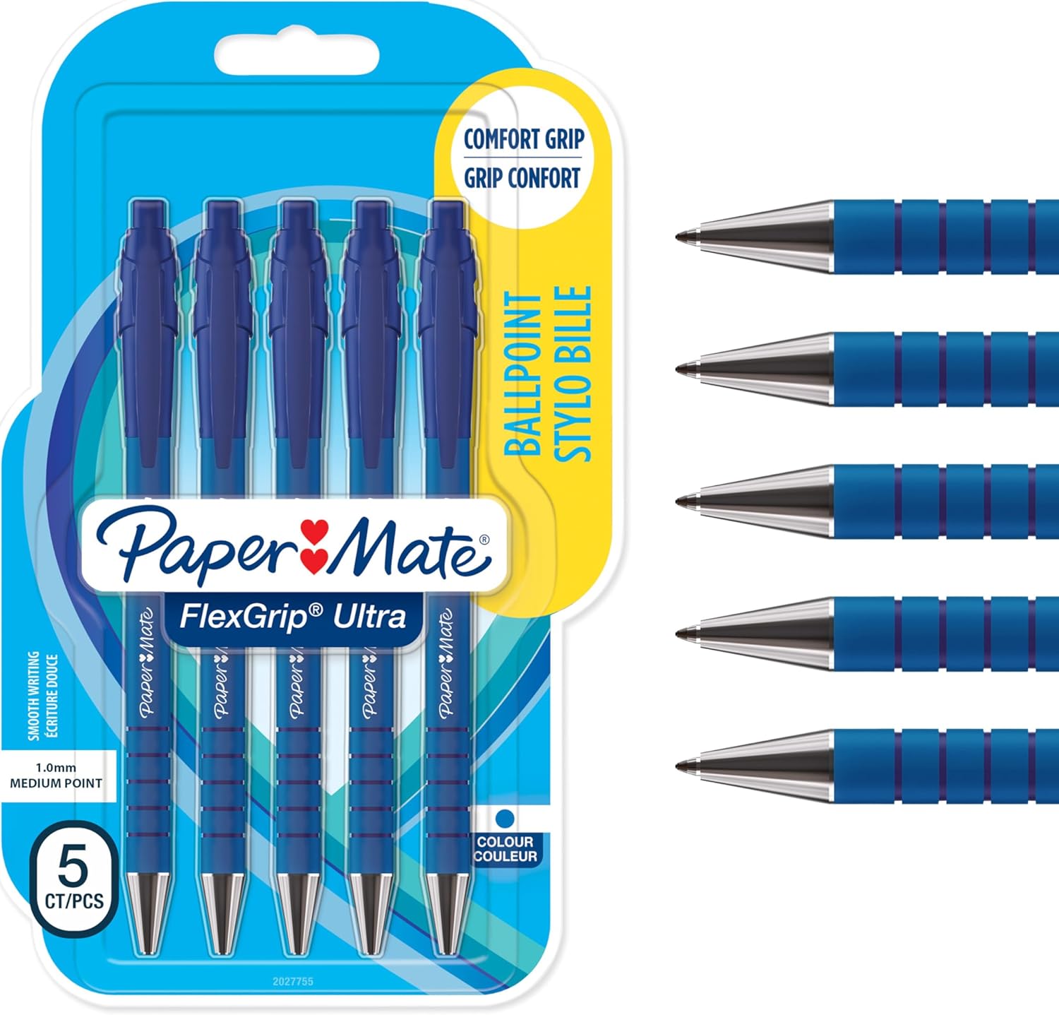 Paper Mate Flexgrip Ultra Retractable Ballpoint Pens | Medium Point (1.0mm) | Blue | 5 Count