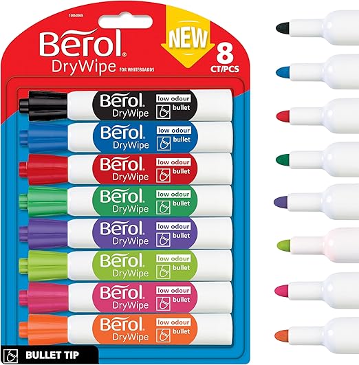 Berol Dry Wipe Whiteboard Marker Pens | Bullet Tip | Assorted Colours | 8 Count Dry Erase Markers