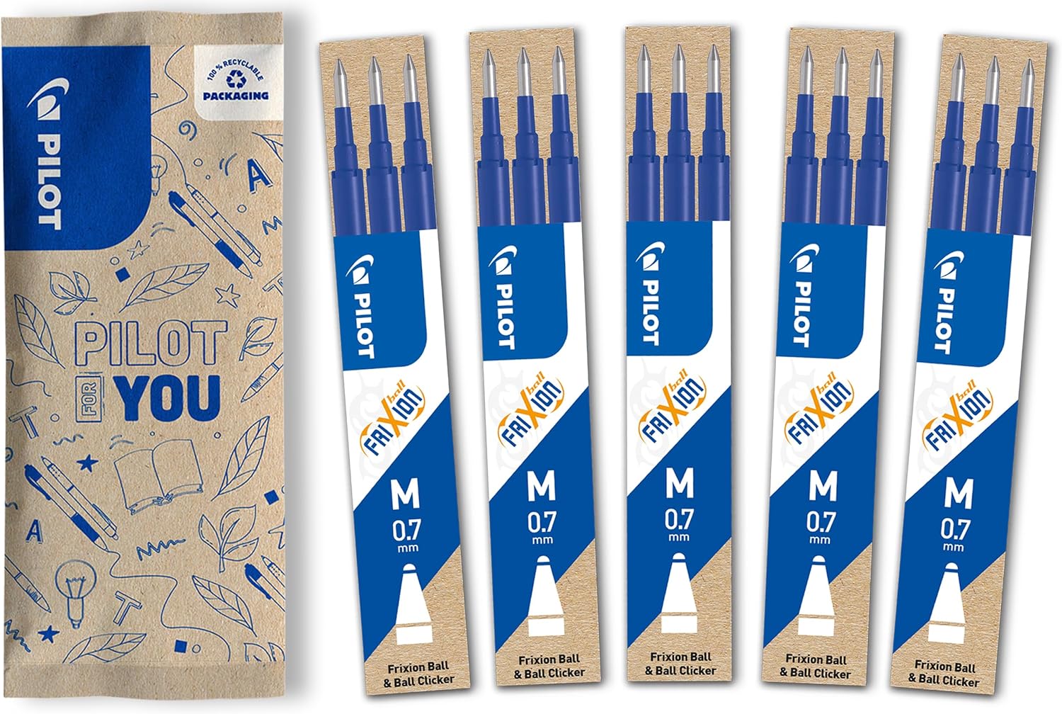 PILOT - Pack of 5 sets of 3 Refills 0,7 - Erasable ink for Frixion - Medium - Blue