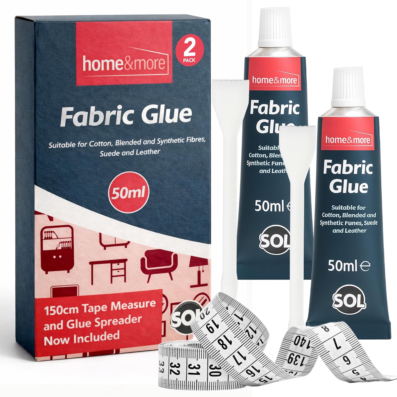 SOL 2pk x 50ml Fabric Glue Strong with Spreader & Tape Measure - Scout Badge Adhesive for Crafts, Upholstery, Material, Textile, Felt or Wool - Waterproof, Flexible, Fast Drying, Durable Bond
