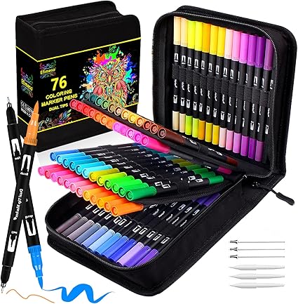 Efimeso 76 Colouring Pens Felt Tip Pens Brush Pens with Case, Dual Tips Coloured Pens Fineliners for Adults Kids Children Colouring Painting Sketching Highlighting Lettering