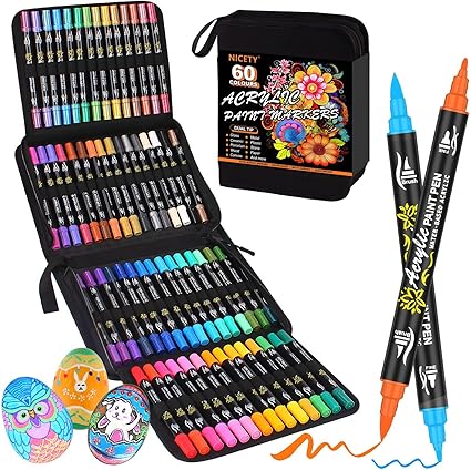 NICETY Acrylic Paint Pens - 60 Colours Dual Tip Brush Markers for Rock Painting, Stone, Wood, Glass, Ceramic - Fine & Brush Tip Water Based