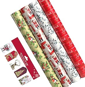 5 x 7M Christmas Traditional Wrapping Paper roll 70CM Large Wrap to Pack Presents With 20 Gift Tags (35m)
