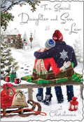 Jonny Javelin Christmas Card for Daughter and Son in Law - Couple on Snowy Bench - Embossed Foil and Flitter Finish - Festive Christmas Greeting Card for a Special Couple