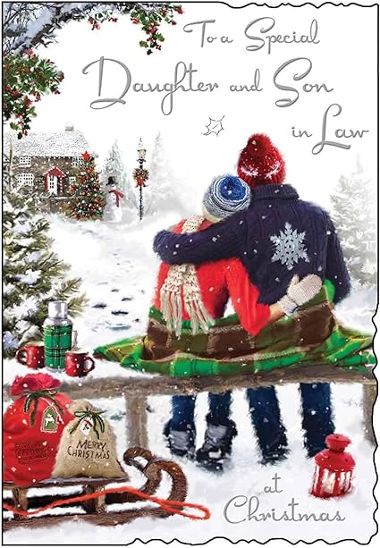 Jonny Javelin Christmas Card for Daughter and Son in Law - Couple on Snowy Bench - Embossed Foil and Flitter Finish - Festive Christmas Greeting Card for a Special Couple