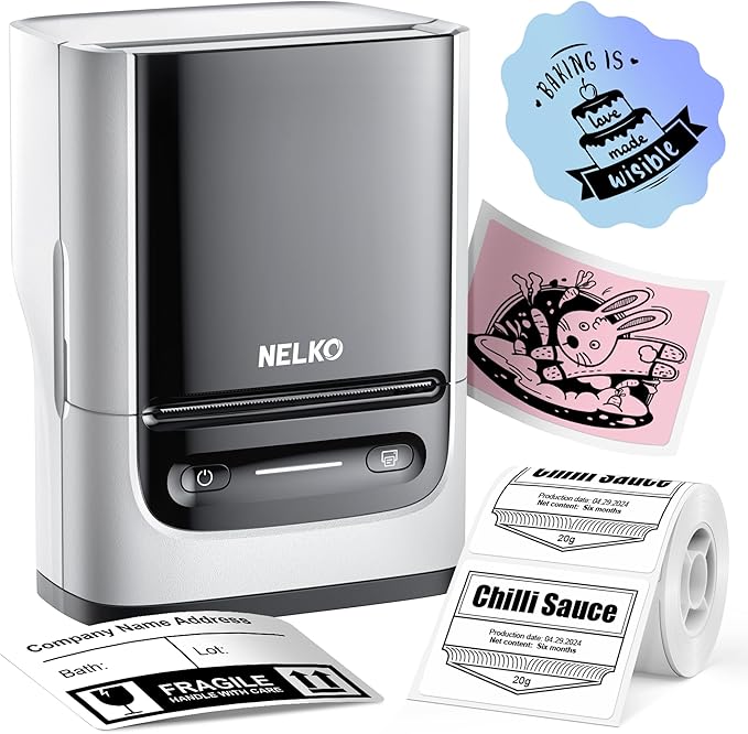 Nelko PM220 Bluetooth Thermal Label Printer, 2 Inch Portable Label Maker Machine for iOS & Android Phone, sticker printer for Clothing, Retail, Address, Barcode, Home, Smart AI APP, White