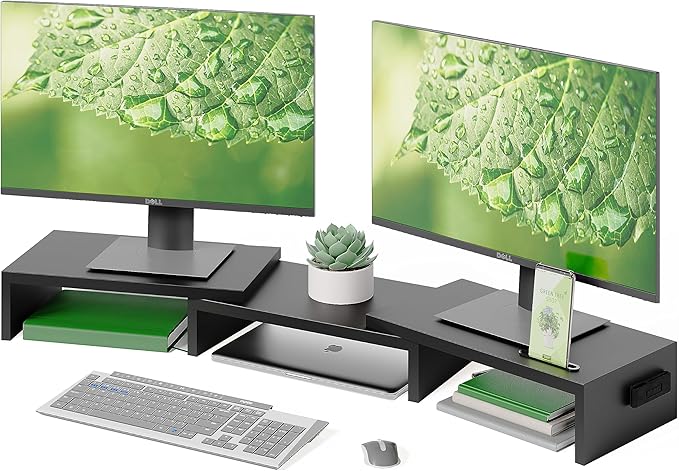 BONTEC Dual Monitor Stand Riser, Adjustable Length & Angle, Ergonomic Desk Organizer with Smartphone Holder, Extra Storage & Cable Management, Wooden Monitor Riser for Laptop, Printer & Monitor