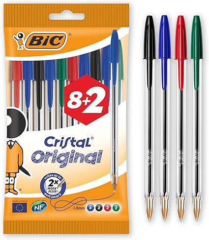 BIC Cristal Original Ballpoint , Comfortable Biro Pens, Medium Point (1.0mm), Assorted Colours, Pack of 10