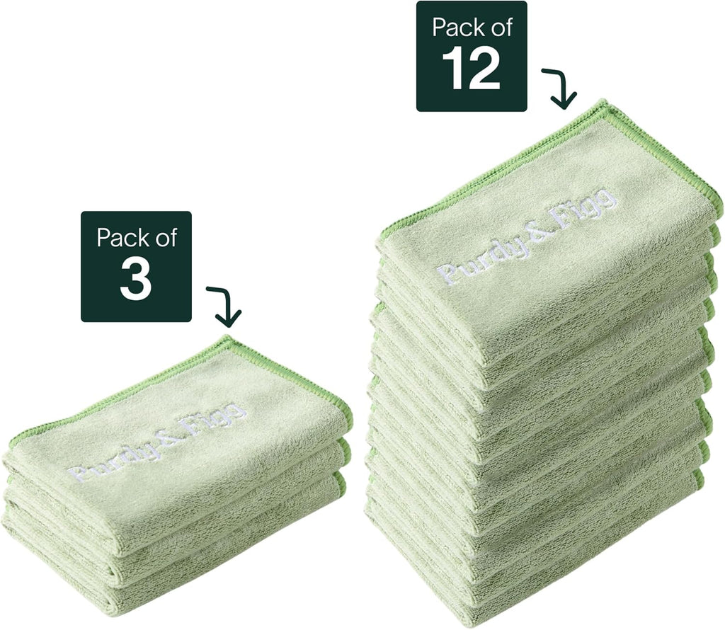 Purdy & Figg Microfiber Cleaning Cloths, Pack of 12, Lint-Free, Multipurpose, Green