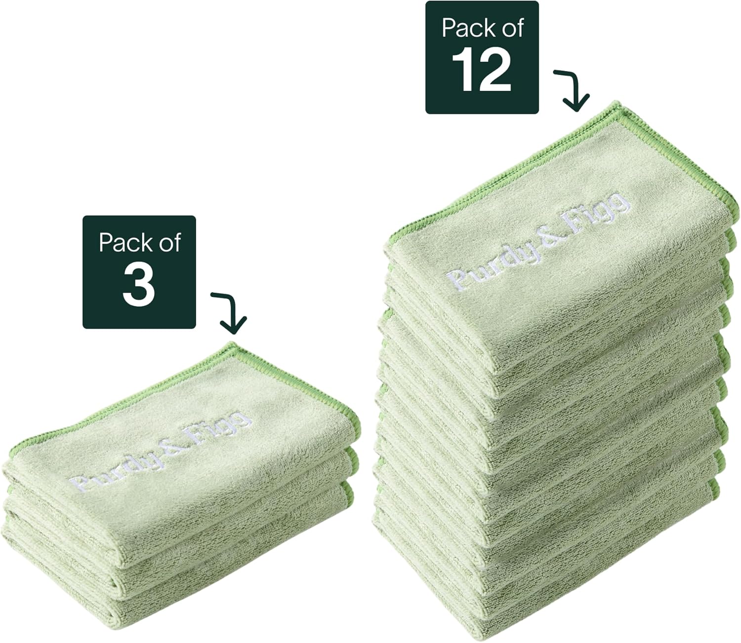 Purdy & Figg Microfiber Cleaning Cloths, Pack of 12, Lint-Free, Multipurpose, Green