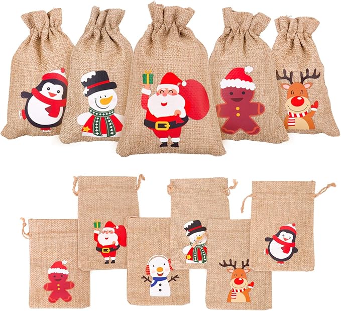 DERAYEE 12 Pieces Line Jute Drawstring Gift Bag Christmas Party Burlap Bag Candy Pouch Snack Sack for kids Xmas Party Favors