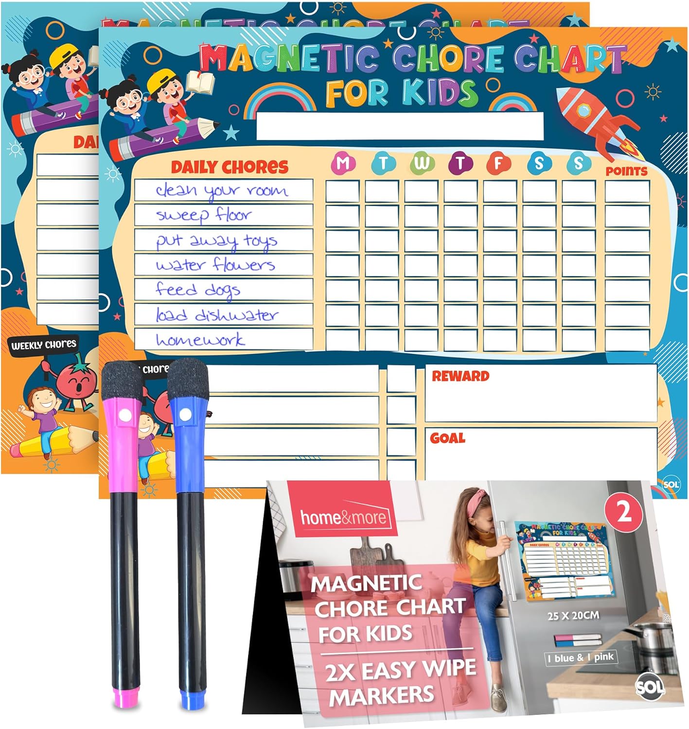 2pk Magnetic Reward Charts for Children with 2 Pens | Chores Board for Family | Kids Magnetic Chore Chart | Behavior Chart for Kids | Chore Chart for Family | Fridge Week Planner | Chart for Adults