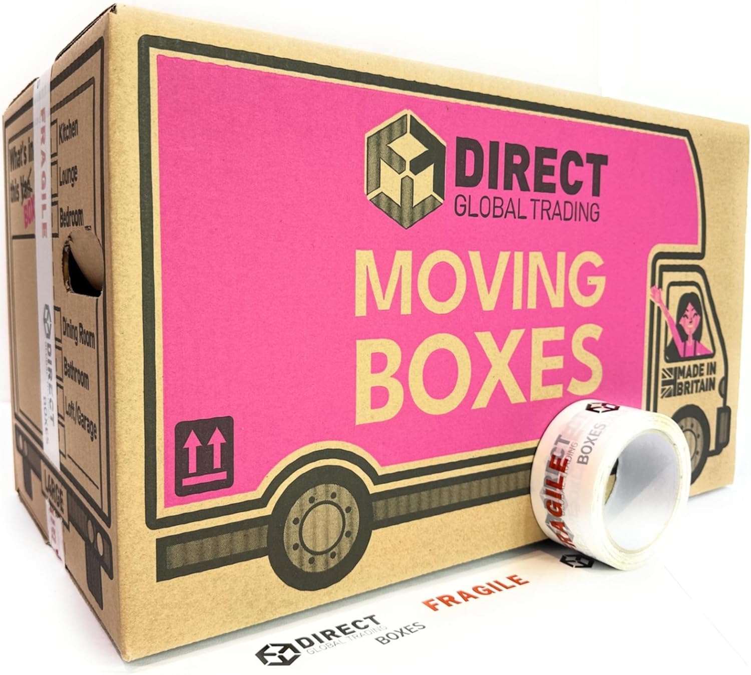 15 Strong Large Cardboard Storage Moving House Packing Boxes with Fragile Tape 52cm x 30cm x 30cm 47 Litres Carry Handles and Room List