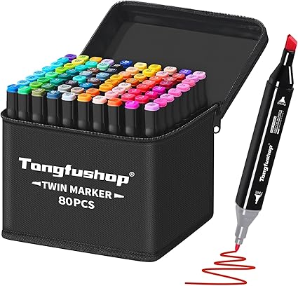 Tongfushop 80 Colored Marker Set, Colouring Pens, Permanent Marker Pens, Art Pens for Adults, Twin Markers for Drawing, Sketching, Anime and Manga with Carrying Case and Storage Base