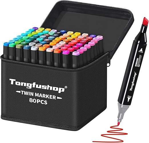 Tongfushop 80 Colored Marker Set, Colouring Pens, Marker Set for Adults Artists, Double Tip Art Pens for Drawing, Sketching, Anime and Manga with Carrying Case and Storage Base