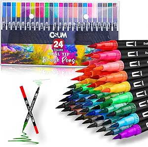 OSUM Colouring Pens wallet of 24 | Felt Fine Tip Pens - Coloured Dual Tip Brush Markers and Fineliners Art Supplies for Adult Colouring Books Painting Sketching Highlighting (Modern)