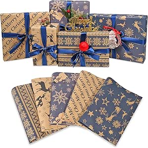 Christmas Wrapping Paper Set, 10 Pack Folded Sheets (5 Designs, 2 Each) 70x50cm – Kraft & Navy Gift Wrap Paper with Reindeer and Snowflake Prints – Recyclable Xmas Wrapping for Gifts & Holidays