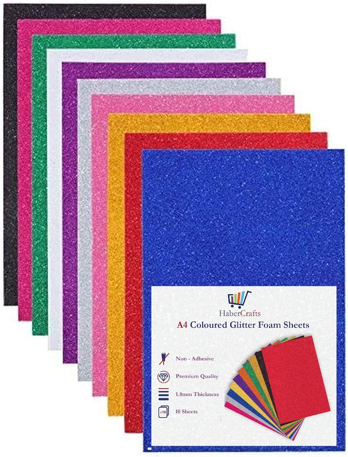 Glitter Foam Sheets Craft Foam Craft EVA Foam Shiny Glittery Sparkle Colour Flexible Soft Touch Easy Cut Card Making Art Crafts 210mm × 297mm A4 Size 1.8mm Thick (10 Colours – 10 Sheets)