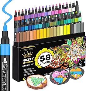 NICETY 58 Colours Acrylic Paint Pens - 3mm Medium Tip Paint Markers Rock Painting Pens for Stone Glass Wood Porcelain Ceramic Fabric - Water Based Acrylic Pens for Adults