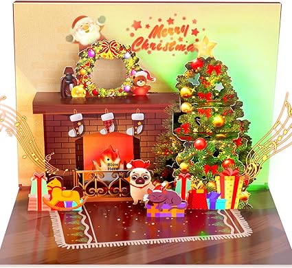 Christmas Card Pop Up with Light and Music 3D Santa Fireplace Merry Christmas Greeting Card with Envelope for Kids Girls Women Man Gift, 210 x 290 mm