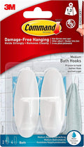 Command Bath Designer Hooks, White, Water Resistant - 2 Medium Hooks and 4 Adhesive Strips - Hang Towels, Robes and Other Bathroom Accessories - Ideal to Avoid Drilling Through Tiles