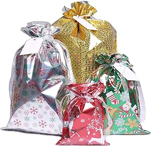 Christmas Bags,40Pcs Santa Wrapping Bag in 4 Sizes and 4 Designs with Inserted Drawstring Ribbons and Tags for Wrapping Holiday Brand: WesGe