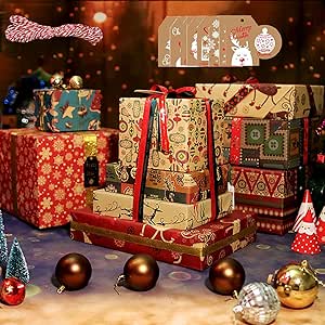 Christmas Wrapping Paper, 10 Sheets Recycled Kraft Paper 70 * 50CM with Tags Stickers and Paper Rope, for Christmas Gifts Arts Crafts Decorations 10 Different Designs