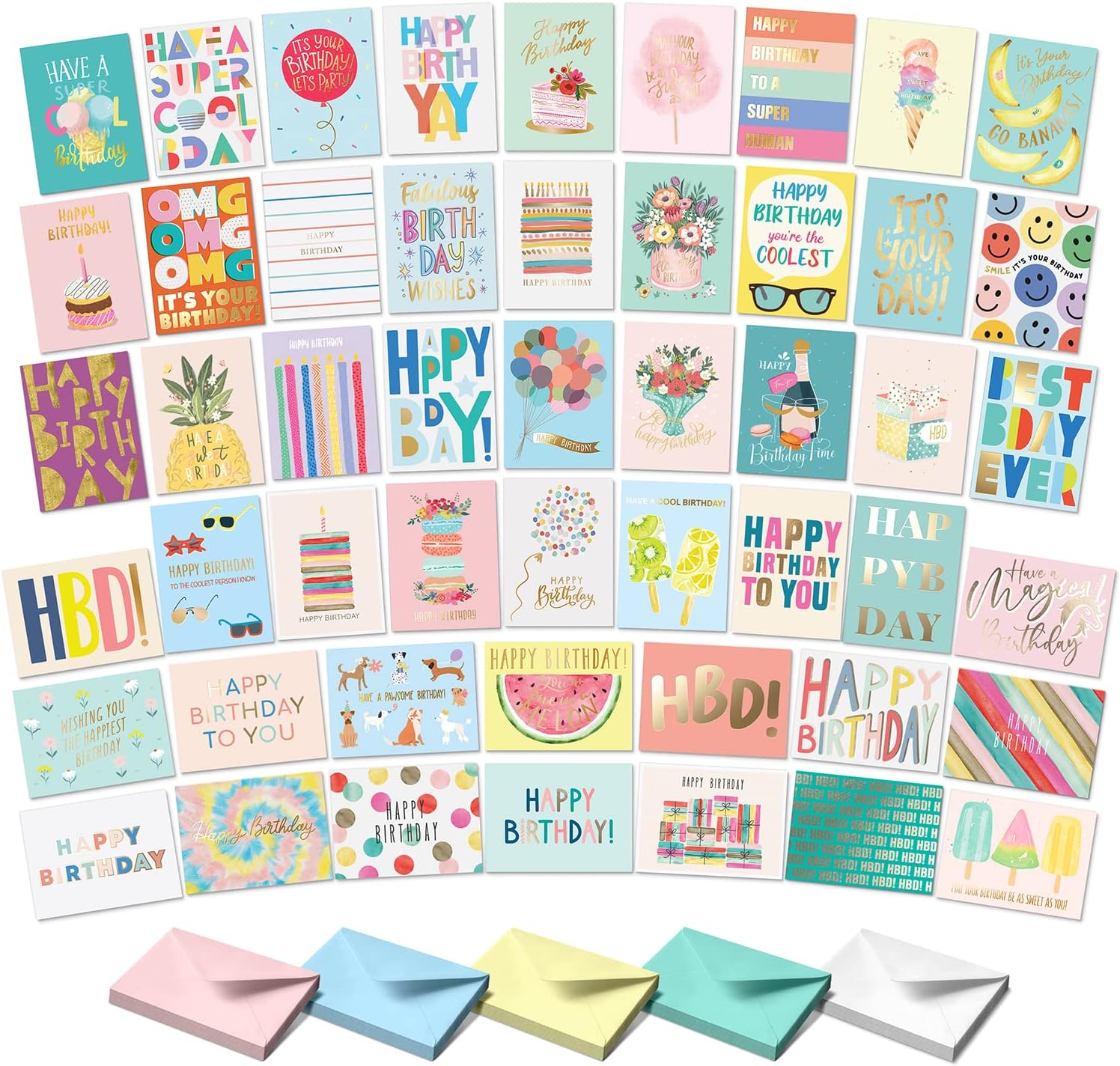 S&O Happy Birthday Cards with Envelopes and Assortment Box – Variety Set of 50 Assorted Birthday Notes. Perfect Bulk Pack for Celebrations, Office, Friends, Family, and Special Occasions