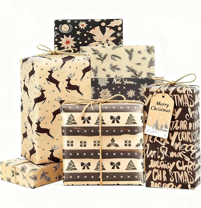 Jatidne 12 Christmas Wrapping Paper Sheets with Gift Tags and String Xmas Wrapping Paper