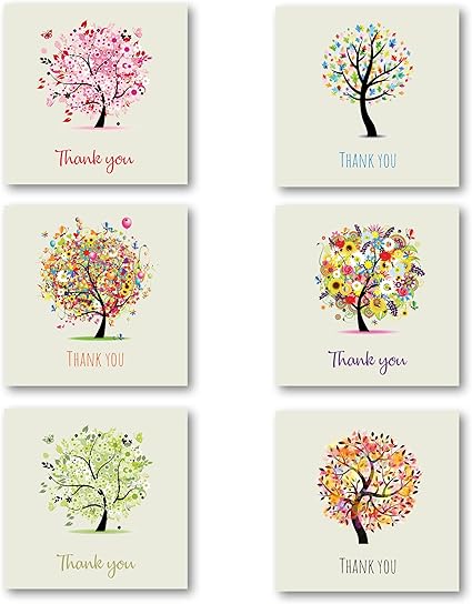 Thank You Cards Multipack of 24. Each Greeting Cards Pack includes 6 Tree designs. 115 x 115mm. Blank Inside. Envelopes included. Made in UK.