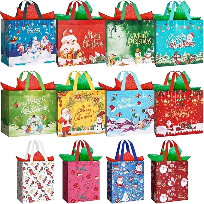 12 Pack Christmas Tote Bags with Tissue Paper Includes 8 Large 13",4 Medium 10" Treat Bags for Xmas Party Favors