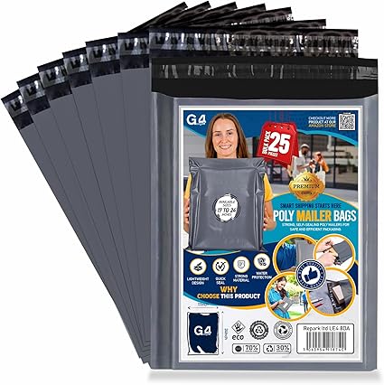 G4GADGET 25 Pack Large Grey Mailing Bags 17x24 [432mm x 610mm] – Strong Postage Bags for Clothes, Vinted Shipping, Parcel Packaging, Delivery, Mailing & Posting