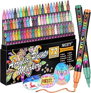 NICETY Acrylic Paint Pens Set - 72 Colours Paint Markers for Rock Painting Stone Glass Ceramic Wood Metal Fabric - 0.7mm Extra Fine Tip Water Based Acrylic Markers for Adults