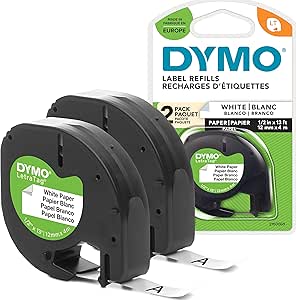 DYMO LetraTag Paper Labels, Authentic, 12 mm x 4 m Roll, Black Print on White, Self-Adhesive Multipurpose for LetraTag Label Makers, 2 Count