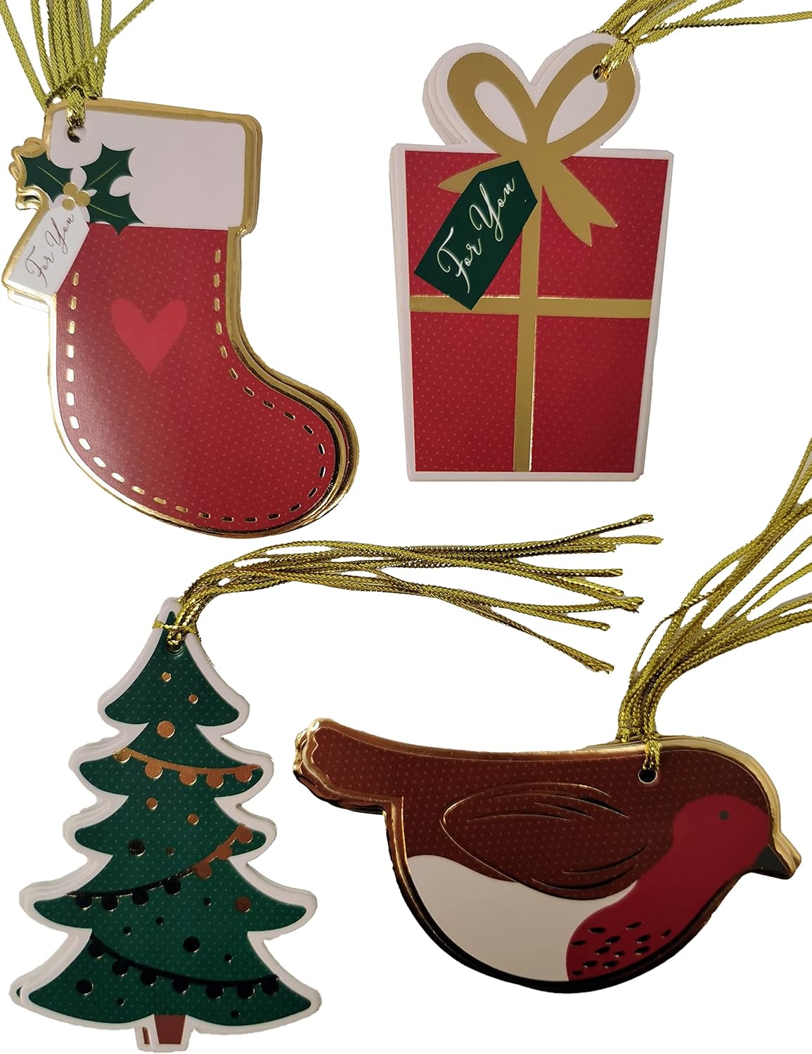 20 Luxury Christmas Tags – Festive Shaped Tags with Gold String – 4 Assorted Designs – Tree, Stocking, Robin & Gift – Blank on Reverse – Eco-Friendly Card – Xmas Wrapping Accessory
