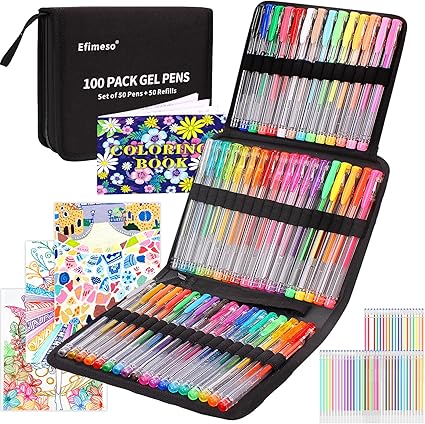 Efimeso 100 Pack Gel Pens Set 50 Glitter Gel Pens with 50 Refills in Zipper Case for Adult Colouring Books, Writing Drawing with Glitter Metallic Neon Pastel Swirl Colours