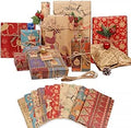 12 Sheets Christmas Wrapping Paper - 70x50cm Thick Kraft Gift Wrap Set with 10m Jute Twine & 10 Tags - 10 Rustic Designs (Reindeer, Snowman, Typography) - Recyclable Folded Paper for Xmas Presents