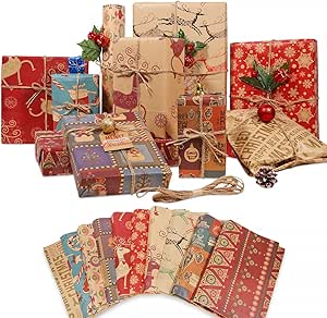 12 Sheets Christmas Wrapping Paper - 70x50cm Thick Kraft Gift Wrap Set with 10m Jute Twine & 10 Tags - 10 Rustic Designs (Reindeer, Snowman, Typography) - Recyclable Folded Paper for Xmas Presents